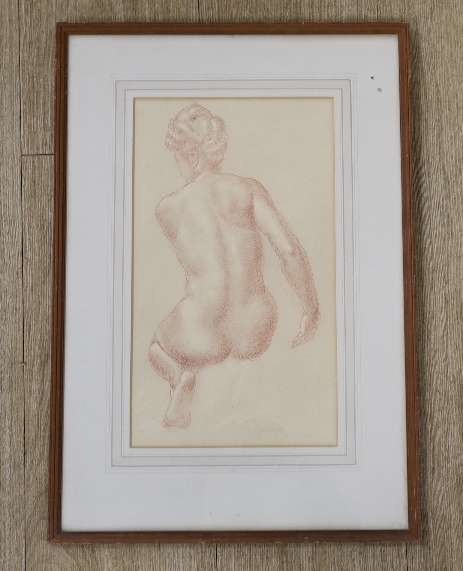 Gilbert Ledward (1888-1960), sanguine chalk on paper, Nude study for fountain figure at Sloane Square, signed and dated, 1951, 34 x 19cm